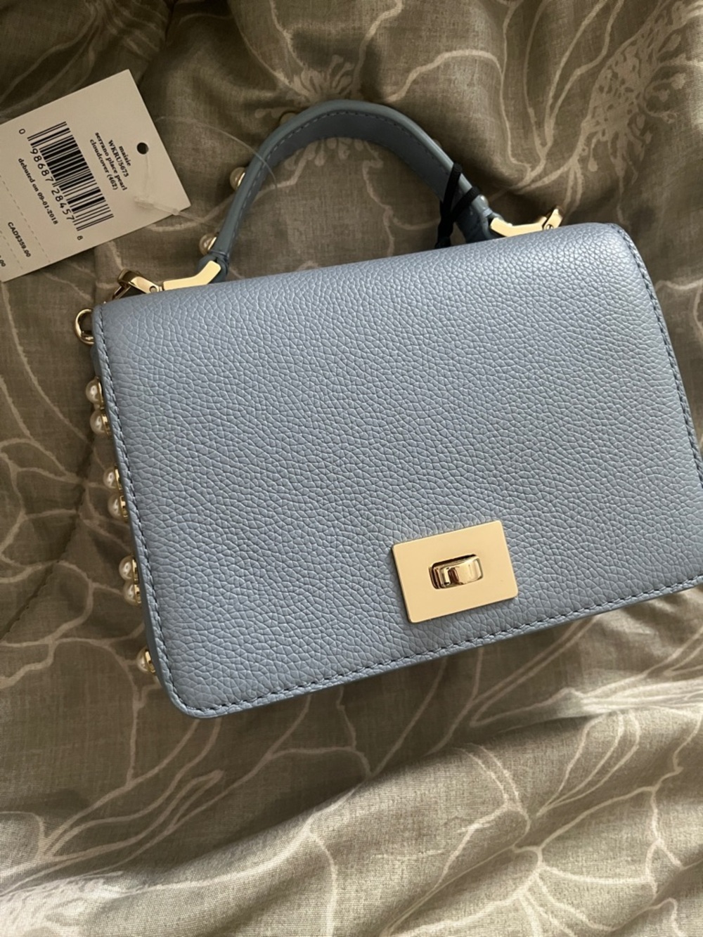 Blue Pebbled Top-Handle Satchel with Gold Hardware